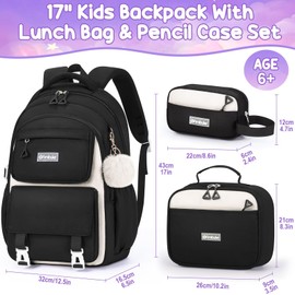 Fimibuke Backpack for Girls, 3 PCS Waterproof School Backpack with Lunch Box & Pencil Pouch for Kids Teen Girl, Cute Bookbag School Bag for Elementary Middle High School Student Ages 6+(Black & Beige)