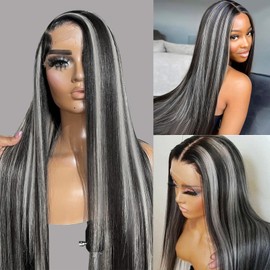 Munx Glueless Wig Human Hair Highlight Ombre Grey 13x4 HD Lace Front Straight Wigs for Women Full Ends Thick 180% Density Pre Plucked HD Transparent Invisible Knots Frontal Wig 16 Inch