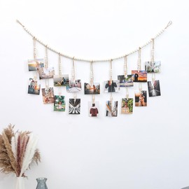 DIFLAX Hanging Photo Display Boho Wall Decor, Wooden Beads Garland Picture Card Collage Frame Holder with 18 Clips for Bedroom Living Room Dorm Teen Teenage Girls Gifts