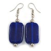 Navy Blue Square Glass Drop Earrings - 6cm Long