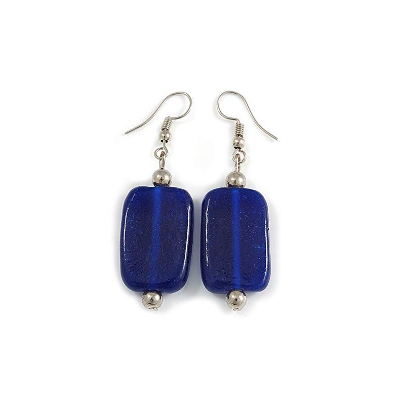 Navy Blue Square Glass Drop Earrings - 6cm Long