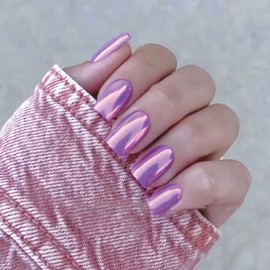 SINHOT Press on Nails Medium Square Fake Nails Chrome Acrylic Nails Glossy Glue on Nails Purple Aurora Squoval Artificial Nails Stick on False Nails with Design 24 pcs