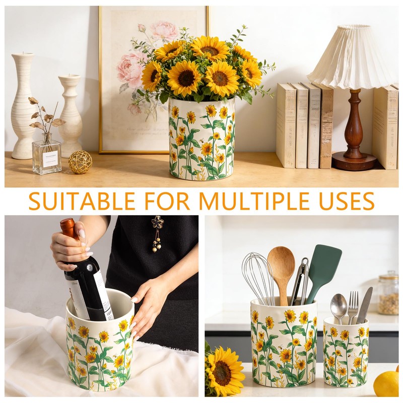 Sunflower Utensil Holder, 7.1"+5.4" Ceramic Utensil Holder for Kitchen Counter,