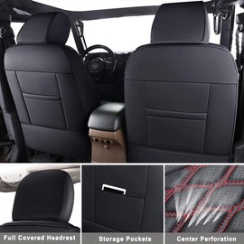 Huidasource Front Seat Covers for Jeep Wrangler JL 2-Door/4-Door 2018-2025, Waterproof Faux Leather Wrangler JL Front Seat Covers, Covers Fit Full Coverage Front Seat Cushion(Front Pair/Black&Blue)