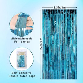 Festicreamy 2Pack Large Blue Foil Fringe Curtain - 3x6.5 Feet Light Blue Streamers Backdrop Curtain for Birthday Background Baby Shower Wedding Engagement Bridal Shower Bachelorette Decorations