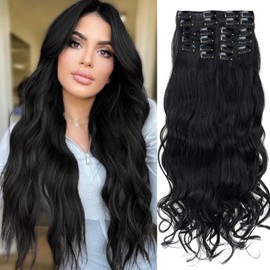 Sleekalon Clip in Hair Extensions 12Pcs 22clips Thick Synthetic Hairpieces 22inch Long Curly Wavy Natural Hair Extensions for Women Natural Black