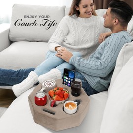 Couch Cup Holder Pillow, Octagon Caddy for Coffee, Phone, Remote - Drink Holder Tray for Bed, Car, Sofa, Table