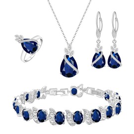 GZWHD Blue Sapphire Jewelry Set for Women Teardrop Earrings Necklace Ring Bracelet Set Birthstone Gift