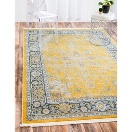 Unique Loom Baracoa Collection Saturated Distressed Vintage Traditional Area Rug, 4 ft 3 x 6 ft 0 Rectangular, Yellow/Blue