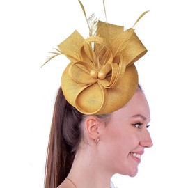 Biruil Women's Fascinator Hat Fake Sinamay Feather Tea Party Pillbox Flower Derby Church Hat(A Gold)