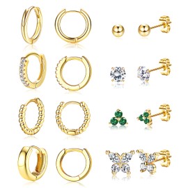 PATISORNA 14k Gold Plated Huggie Hoop Earrings for Women Hoop and Studs Earrings Set Hypoallergenic Tiny CZ Ball Butterfly Earrings Cartilage Earring for Multiple Piercing