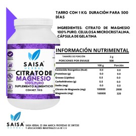 Citrato De Magnesio 1 kg | Suplemento Alimenticio | Sin Sabor Saisa Herbal | 100% Puro | Sin Azucar, Conservadores, Saborizantes | Energía, Vitalidad, Ayuda A Mejorar El Sueño