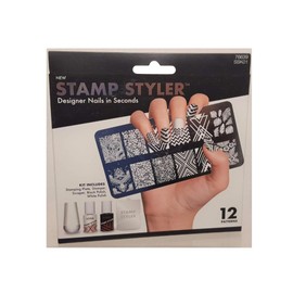Stamp Styler Kit 76639 (Pack of 1) ~ DIY Nail Art with 12 Patterns, Black & White Polishes, Stamper & Scraper for Salon-Quality Designs at Home