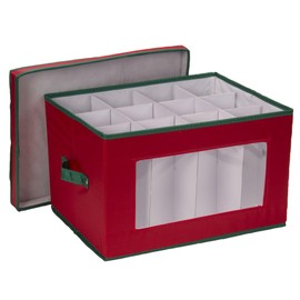 Household Essentials 540RED Holiday China Storage Chest with Lid and Handles, Cocktail Glasses and Red Canvas with Green Trim