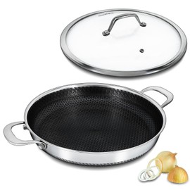 Bakoniion Hybrid Nonstick Skillet with Lid 12 Inch, Stainless Steel Paella Pan with Two Handles Multi-Functional Pan Dishwasher and Oven Safe