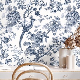 VEELIKE Blue Toile Peel and Stick Wallpaper Vintage Bird Wallpaper Mural 17.7''x118'' Blue Floral Wallpaper for Bedroom Bathroom Removable Prepasted Chinoiserie Wallpaper for Room Décor Accent Walls