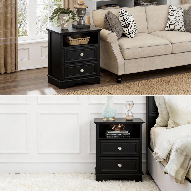 XIAO WEI Black Tall Nightstand with Hidden Drawer, 2 Drawers