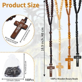 Wonitain 100 Set Wooden Rosaries Bulk Wood Catholic Rosary Beads for Men Women with Jesus Holy Cross First Communion Rosary with Organza Bags Religious Baptism Funeral Favors Confirmation Present