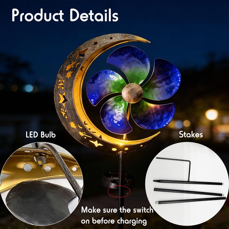 Solar Powered Wind Spinner Stake Light, Warm White LED Moon