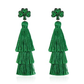 EVER FAITH Green Tassel Earrings for St. Patrick's Day Green Leaf Boho Staggered Tassel for Women, Crystal