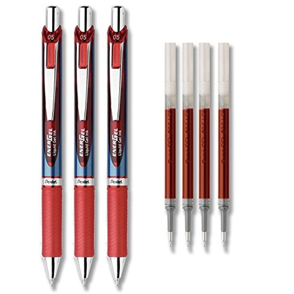 Pentel EnerGel Deluxe RTX Liquid Gel Ink Pen Set Kit, Pack of 3 with 4 Refills (Red - 0.5mm)