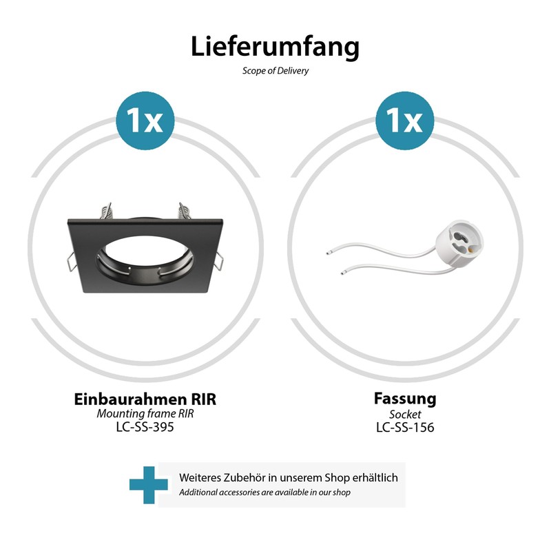 ledscom.de RIR Ceiling Mounting Frame Black Matt Square (LED/Halogen/GU10/MR16/PAR16/50 mm)