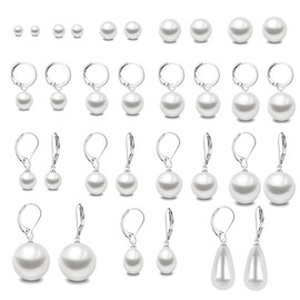 16 Pairs Pearl Earrings Sets.Composite Mixed Sizes Imitation Pearl Jewelry pack,Hypoallergenic Surgical Steel Stud & Hoop Dangle Earrings for Daily Wear Gift for Women (Silver)