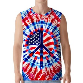 DMPROD Men's Peace Tie Dye Shirt Sleeveless T Shirts Mens Red White and Blue Tank Tops 4th of July American Flag Patriotic Tees XX-Large