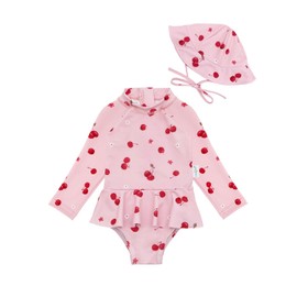 babygoal Infant Baby Girl One-Piece Swimsuit Long Sleeve Rash Guard with Hat Set, Cherry Zipper Toddler Bathing Suit for Beach & Pool YZW01-18-24M-B