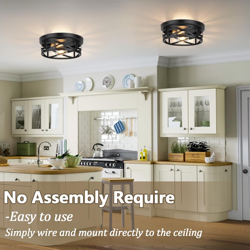2-Light Flush Mount Ceiling Light Fixtures, 2-Pack Farmhouse Black Ceiling