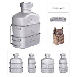 Boundless Voyage Ti2049C Titanium Military Canteen, Titanium Canteen, Hango Soldier Cooker Set, Mess Kit, 13.5 fl oz (400 ml) + 25.4 fl oz (750 ml) + 43.3 fl oz (1100 ml), Set of 3
