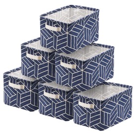 6 Pcs Storage Basket Foldable Cube Fabric Bins Square Mini Box Receive Organizer Rectangle Canvas with Handles for Nursery Home Office Kids Toys Books Small 11x8x6.3 inch Navy