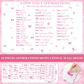 Dunzoom 10 Sheets Pink Bow Motivational Wall Stickers Coquette Room Wall Decor Pink Bow Affirmation Home Decor 12 x 8 Inch Home Coffee Room Office Gifts Baby Shower Decoration