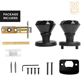 Balin Designs Crystal Doorknob (Matte Black) - Decorative Hardware Interior Keyless Passage Door Lock for Hallway Passage, Kitchen, or Other Doors (2 Pack)