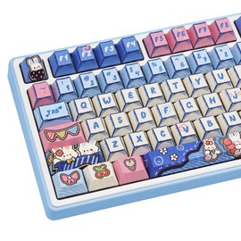 COOMICKEY Manga Themed Keycaps 147 Key PBT Keycap Set Cherry Profile Dye-Sublimation Cute Keycaps with Denim Bunny Design for 61/87/104/108/84/64/98/96 Mechanical Keyboard