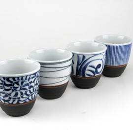 Set of Four Blue Patterns Japanese Tea Cups