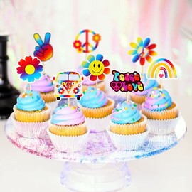 Keaziu Paquete de 32 adornos para magdalenas con temática hippie, letrero de paz, púas de mano para magdalenas, temática de los años 60, diseño bohemio, arco iris, suministros para fiesta de cumpleaños