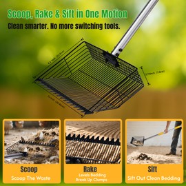 Chicken Poop Scooper with Rake for Sand -12" Extra Wide Deep Shovel Sifter, 65" Back Saving Long Handle, Heavy Duty Pooper Litter Cleaning Tool for Chicken Coop, Large Dogs, Farm Animals