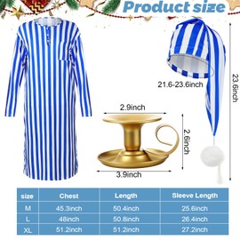 Liitrsh 3 Pcs Christmas Nightshirt Costume Cosplay Christmas Men's Pajama Nightgown Adjustable Sleep Cap Candle Holder(Medium,Blue and White Stripe)