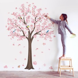 decalmile Large Pink Blossom Tree Wall Decals Flower Birds Branch Wall Stickers Living Room Bedroom Baby Nursery Wall Decor（H:170cm/67 Inches）
