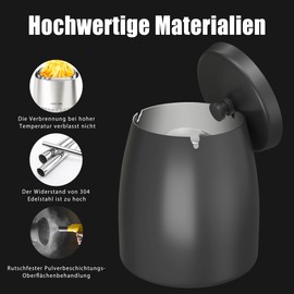AwmnSrman Ashtray with Lid Ashtray for Outdoor Use Black Stainless Steel Windproof Removable Ashtray for Easy Cleaning Non-Slip Dining Table Ashtray Diameter 11.8 x Height 12.3 cm