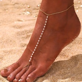 Funsanny Dainty Gold Ankle Bracelets - Trendy 14K Gold Plated Anklet for Women Waterproof Pearl Link Chain Adjustable Non Tarnish Anklets Foot Jewelry Gift