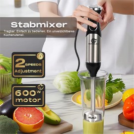 SUPERLEX Stabmixer Edelstahl 600W – Elektrischer Pürierstab mit SUS430 Gehäuse, 2 Geschwindigkeiten, Kupfermotor, Chrom-Details – Profi-Mixer für Küche & Gastronomie