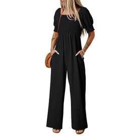 Dokotoo Jumpsuits for Womens 2025 Fall Lantern Sleeve Cute Square Neck Maternity Jumper Wide Leg Pants Dressy Cruise Outfits Plus Size with Pockets for Parties,Black Large