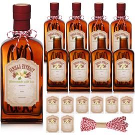Suclain 8 Pack 8.5 oz Amber Glass Bottles with Caps Vanilla Extract Bottles with 8 Pcs Vanilla Extract Stickers for Syrup Gift Glass Food Storage Canister Set for Sauce Beans Liquor(Red)
