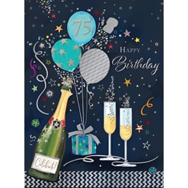 Male 75th Birthday Card for Him - Age 75 - Champagne and Balloons Design - Made in the UK - Eco Friendly