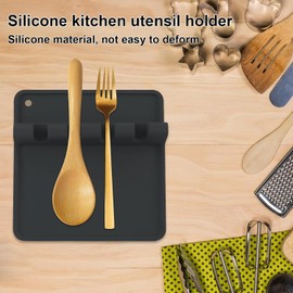 Reposacuchara de silicona, resistente al calor, duradero con almohadilla para goteo, sin BPA, reposacucharas para encimera, apto para utensilios de cocina, espátulas, pinzas, cucharones (negro)