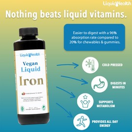 LIQUIDHEALTH LIQUIDHEALTH Vegan Liquid Iron Supplement with SunActive & Ferrochel Fe - Natural Energy, Immune System & Metabolic Support, Better Focus, Prenatal/Postnatal - Non-GMO, Sugar Free (2 Pack)