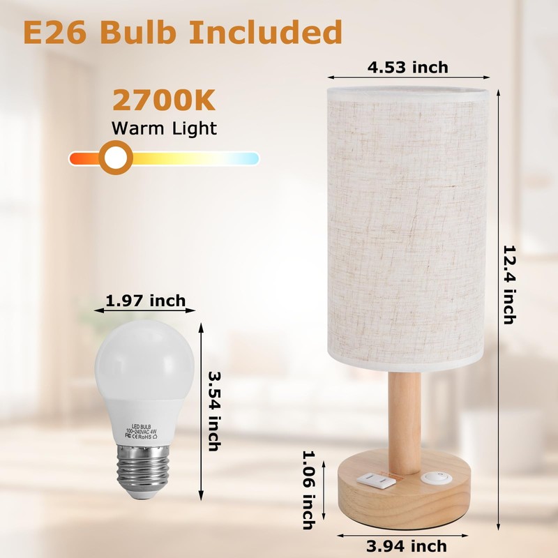 Small Bedside Table Lamp with AC Outlet, Natural Wood Base