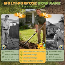 Bow Rake , 2-in-1 77in Metal Garden Lawn Rake for Weeding Digger Loosening Soil Raking Leaf Leveling Rocks Spreading Mulch Gravel 17 Tines Adjustable Garden Rake (77 Inch)